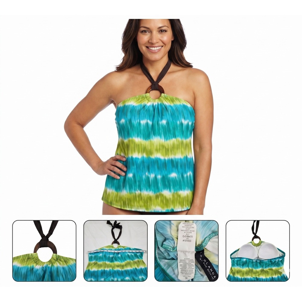 La Blanca Rod Beattie Tankini Swim Top Womens 14 Blue Green Halter Wooden Ring